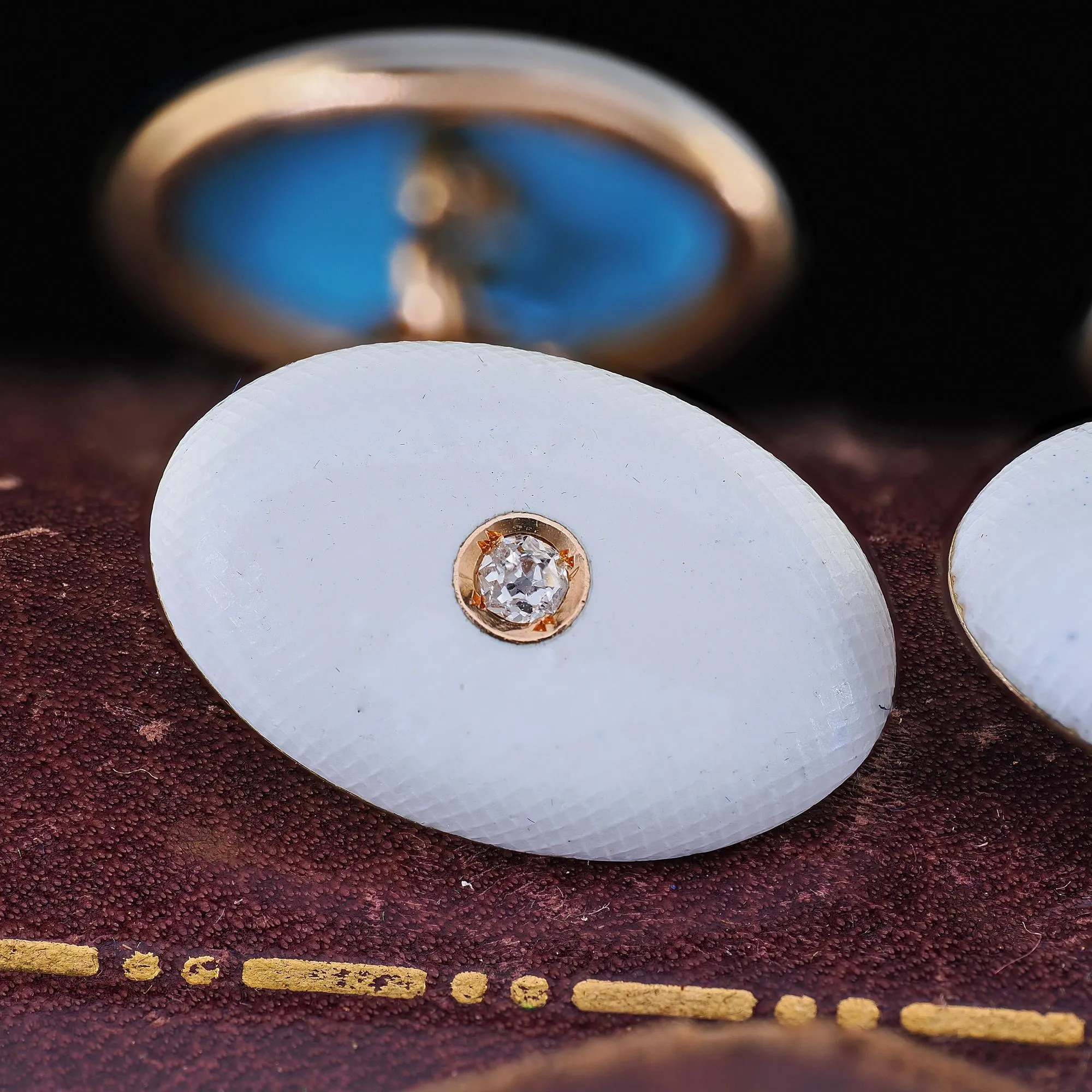 Antique Art Deco 14K Yellow Gold Old Mine Diamond and Enamel Cufflinks