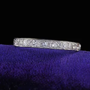 Antique Art Deco 18K White Gold Single Cut Diamond Engraved Wedding Band