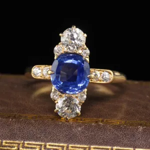 Antique Art Deco Bailey Banks Biddle 18K Yellow Gold Sapphire Diamond Ring - GIA