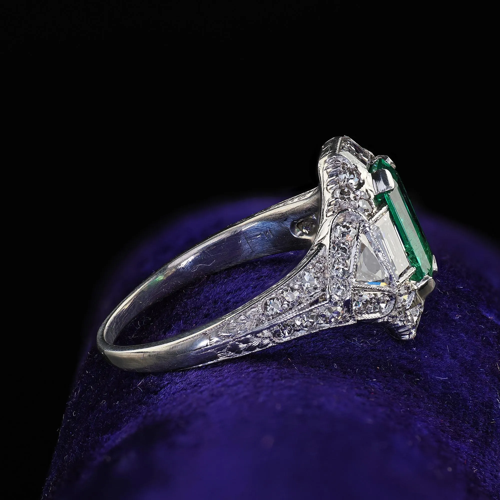 Antique Art Deco Marcus Co Platinum Diamond No Oil Emerald Engagement Ring - GIA