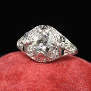 Antique Art Deco Old European Cut Diamond Sapphire Bow Engagement Ring - GIA