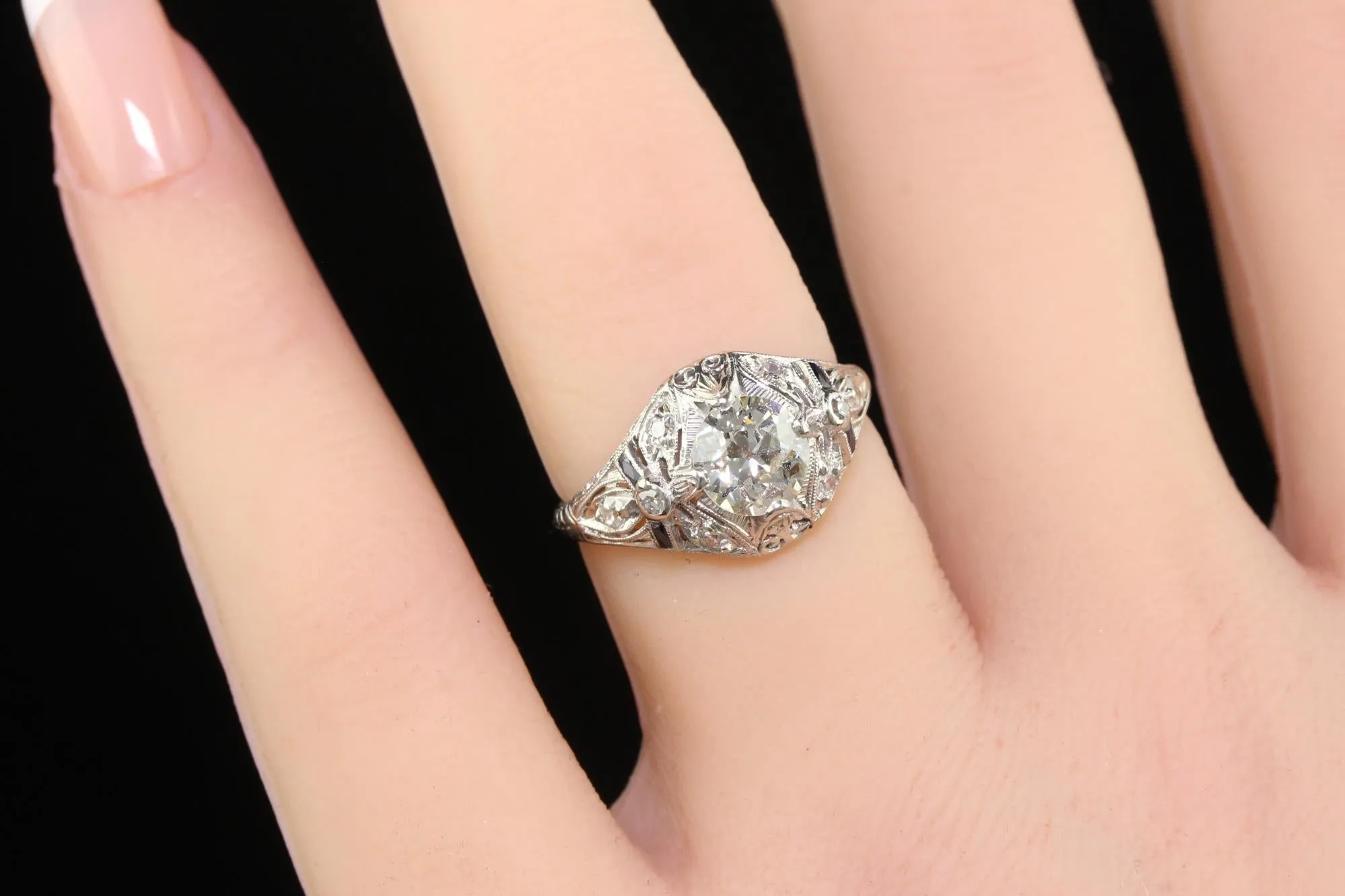 Antique Art Deco Old European Cut Diamond Sapphire Bow Engagement Ring - GIA