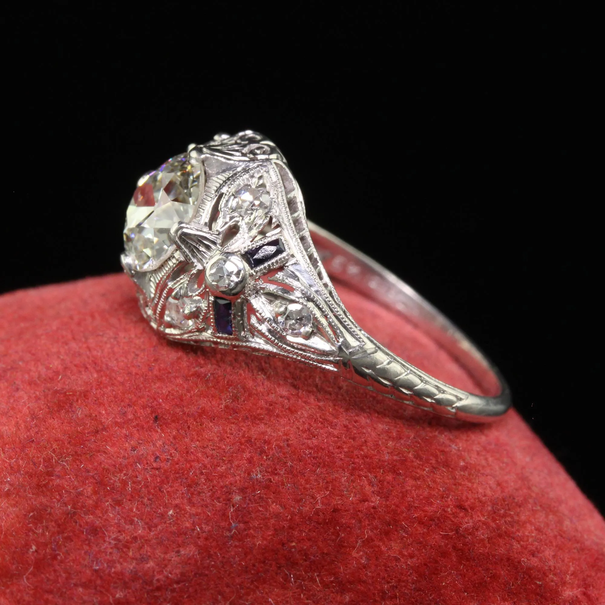 Antique Art Deco Old European Cut Diamond Sapphire Bow Engagement Ring - GIA