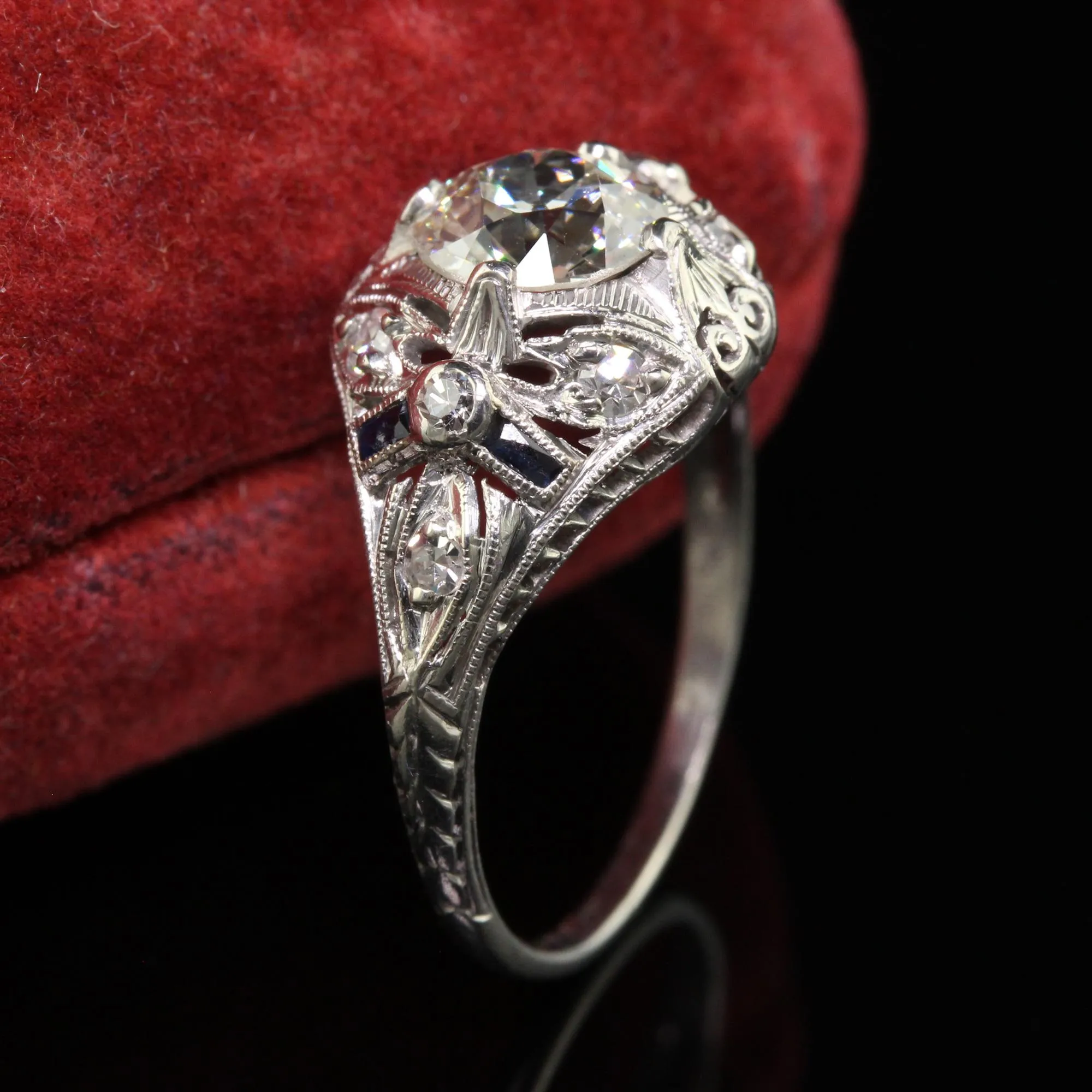 Antique Art Deco Old European Cut Diamond Sapphire Bow Engagement Ring - GIA