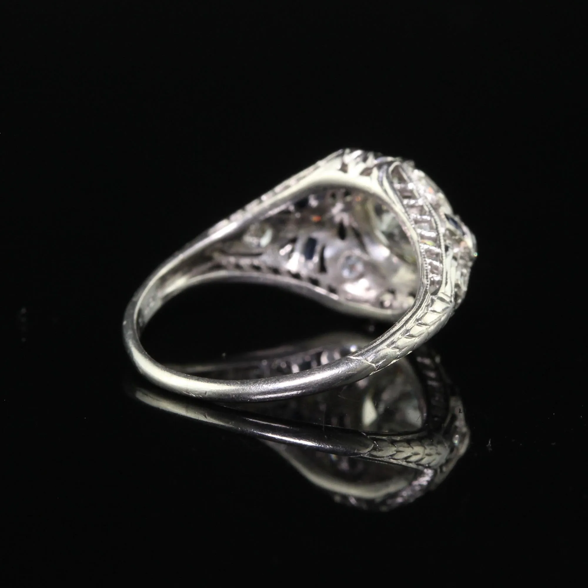 Antique Art Deco Old European Cut Diamond Sapphire Bow Engagement Ring - GIA