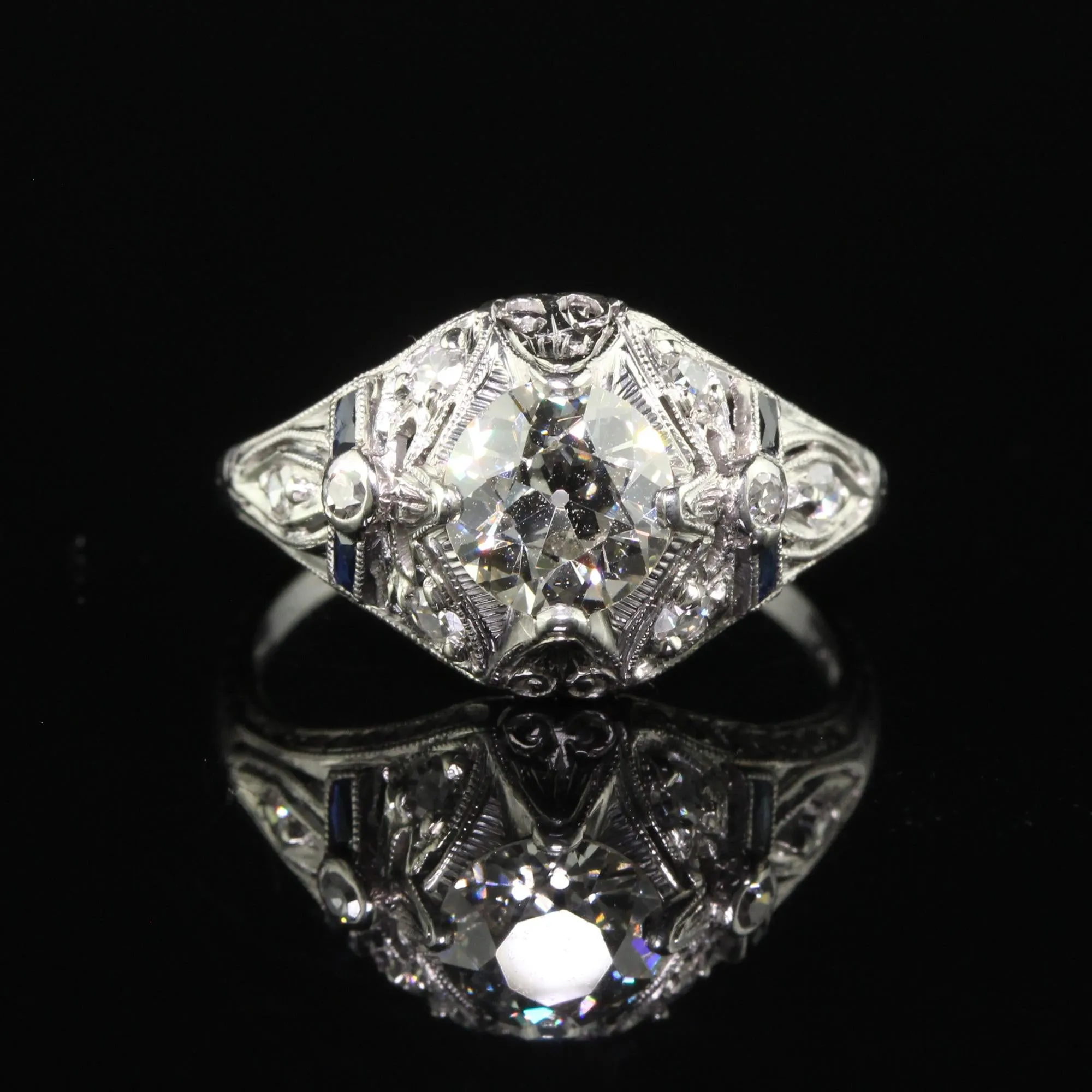Antique Art Deco Old European Cut Diamond Sapphire Bow Engagement Ring - GIA