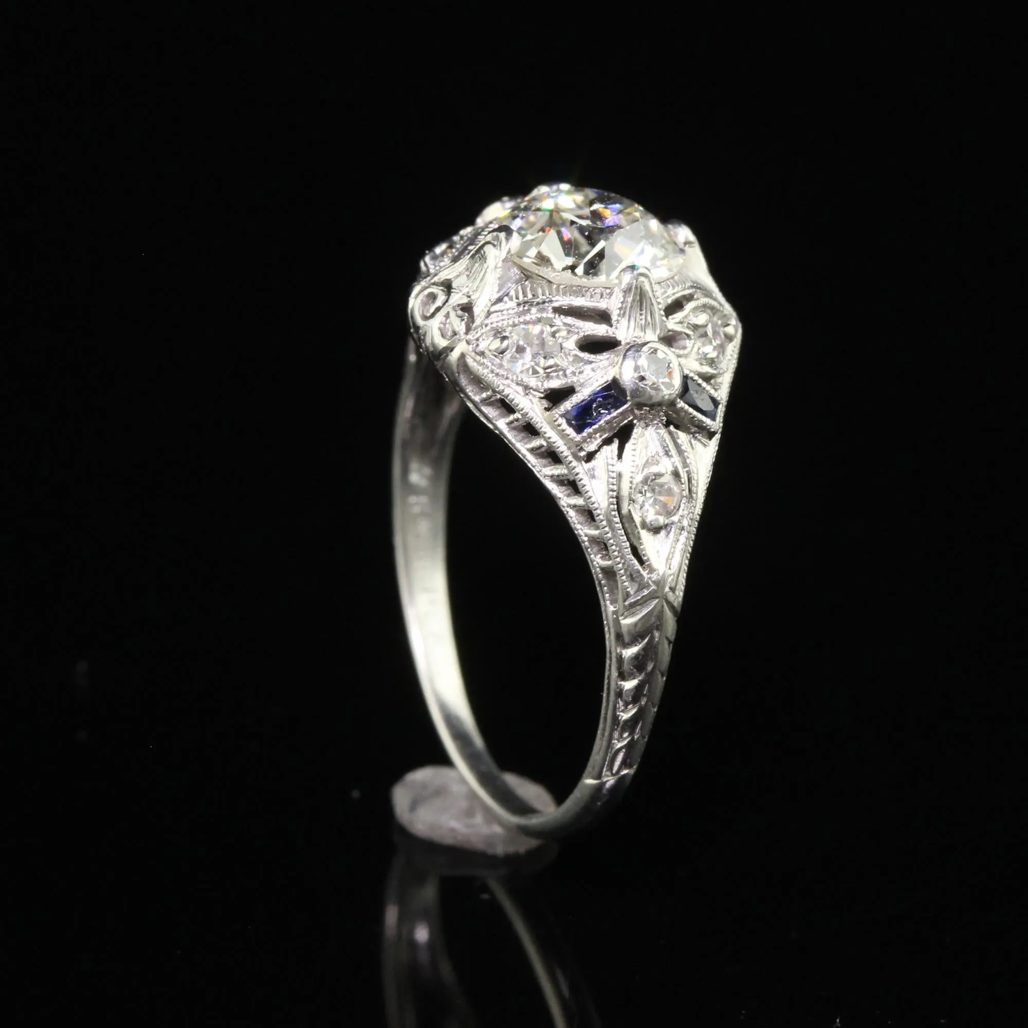 Antique Art Deco Old European Cut Diamond Sapphire Bow Engagement Ring - GIA