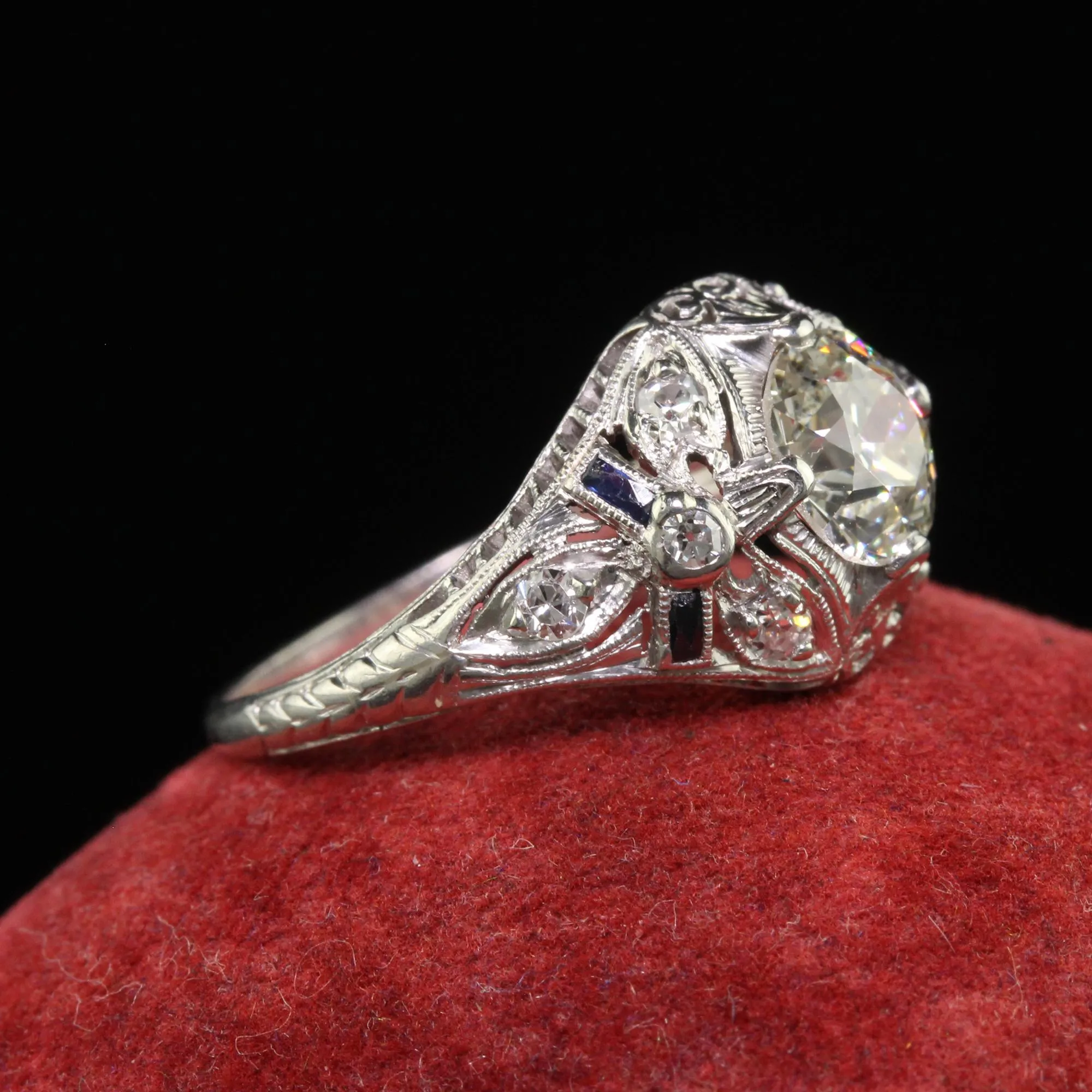 Antique Art Deco Old European Cut Diamond Sapphire Bow Engagement Ring - GIA