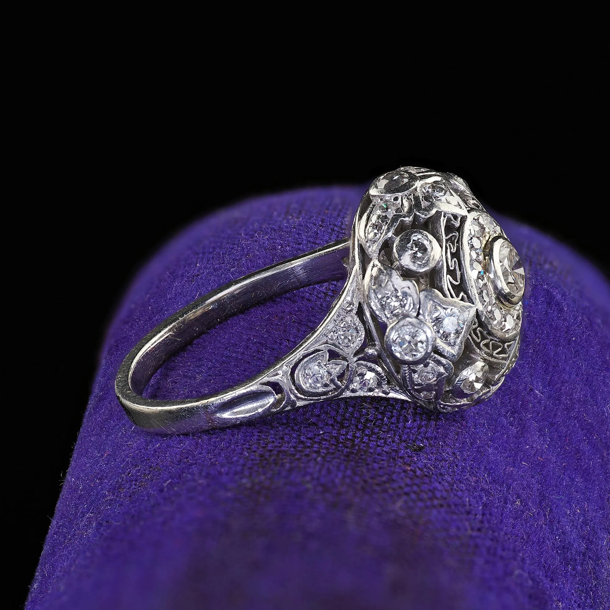 Antique Edwardian Platinum Old Cut Diamond Filigree Dome Cocktail Ring