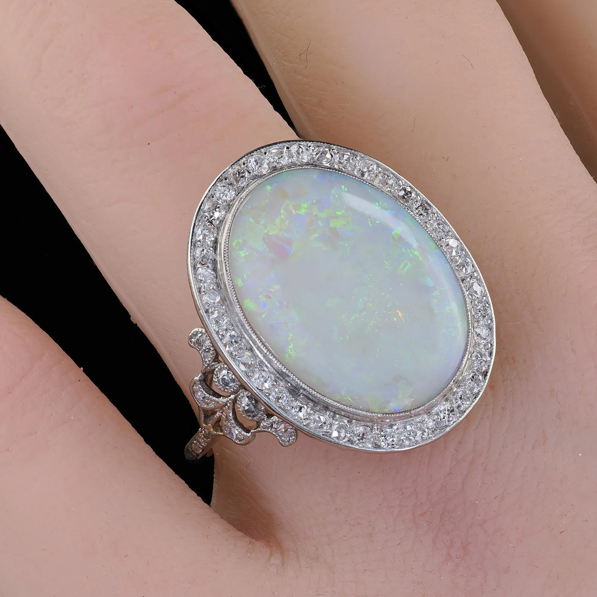 Antique French Belle Epoque Platinum Natural Opal Diamond Cocktail Ring