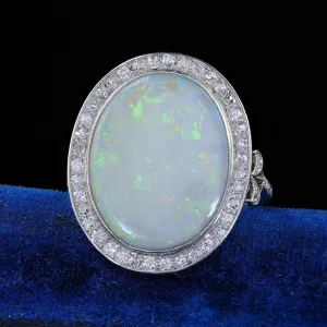 Antique French Belle Epoque Platinum Natural Opal Diamond Cocktail Ring
