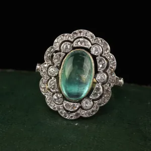 Antique French Edwardian 18K Gold Platinum Diamond Cabochon Emerald Ring - GIA