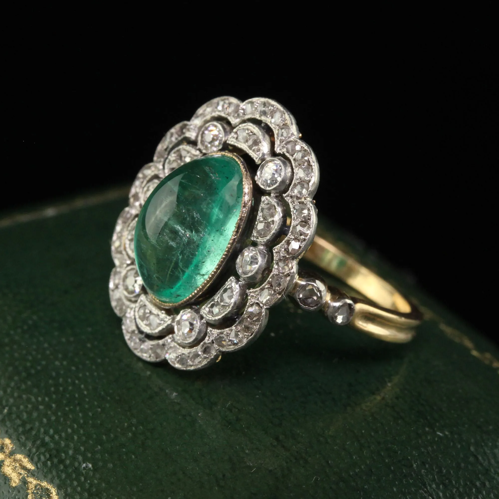 Antique French Edwardian 18K Gold Platinum Diamond Cabochon Emerald Ring - GIA