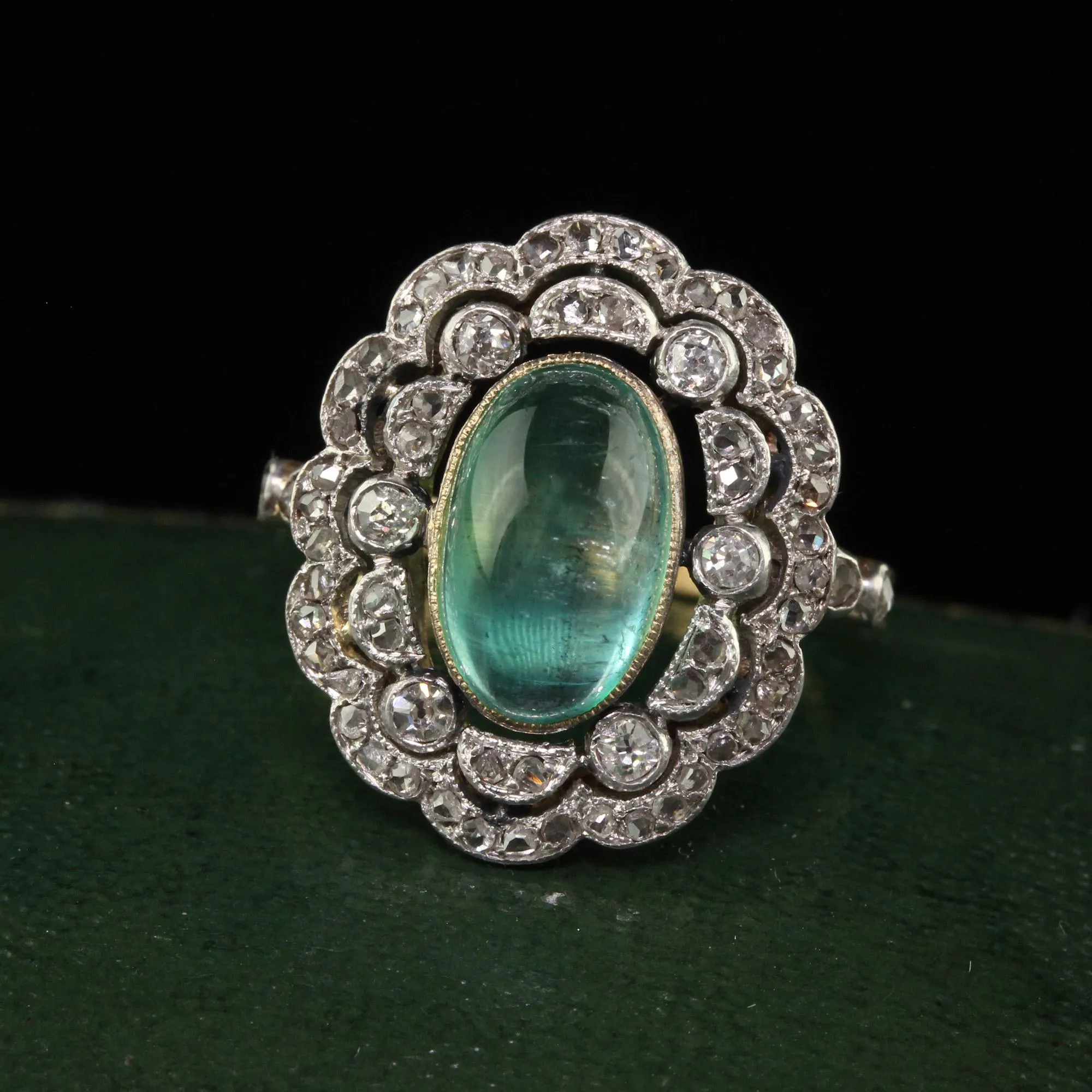 Antique French Edwardian 18K Gold Platinum Diamond Cabochon Emerald Ring - GIA