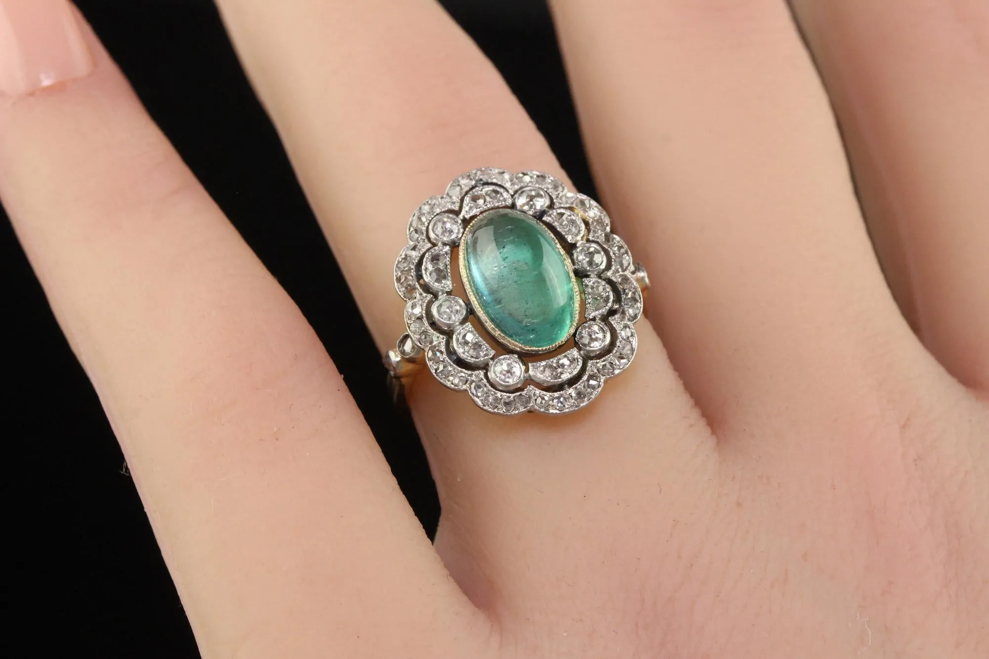 Antique French Edwardian 18K Gold Platinum Diamond Cabochon Emerald Ring - GIA