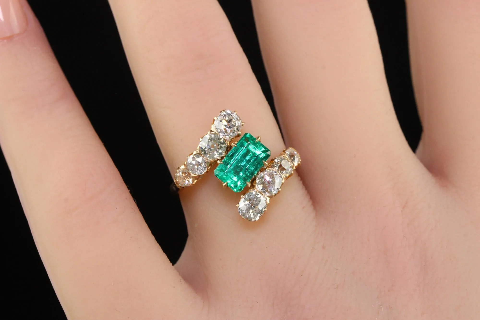 Antique Victorian 18K Rose Gold Old Mine Diamond Emerald Engagement Ring - GIA