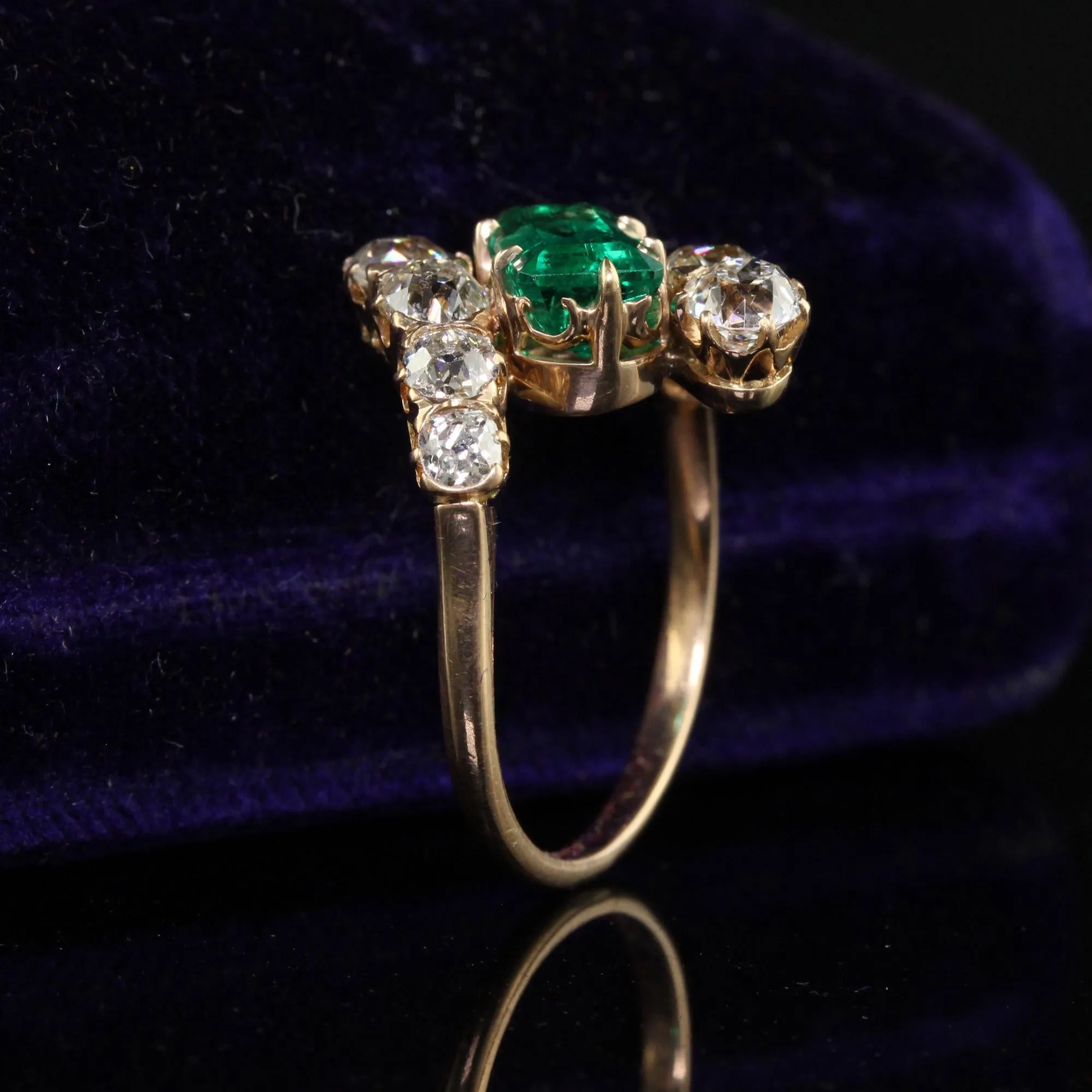 Antique Victorian 18K Rose Gold Old Mine Diamond Emerald Engagement Ring - GIA