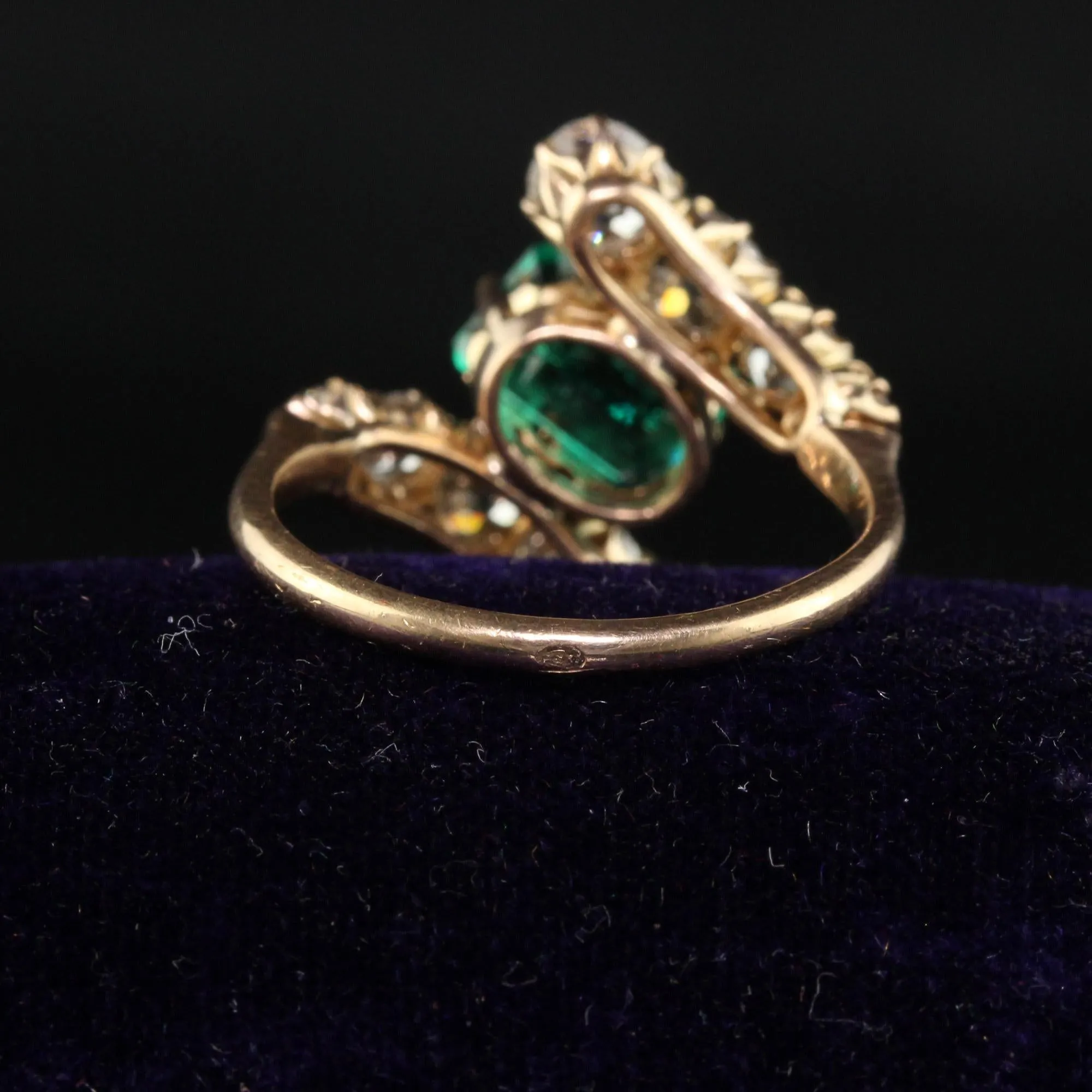 Antique Victorian 18K Rose Gold Old Mine Diamond Emerald Engagement Ring - GIA