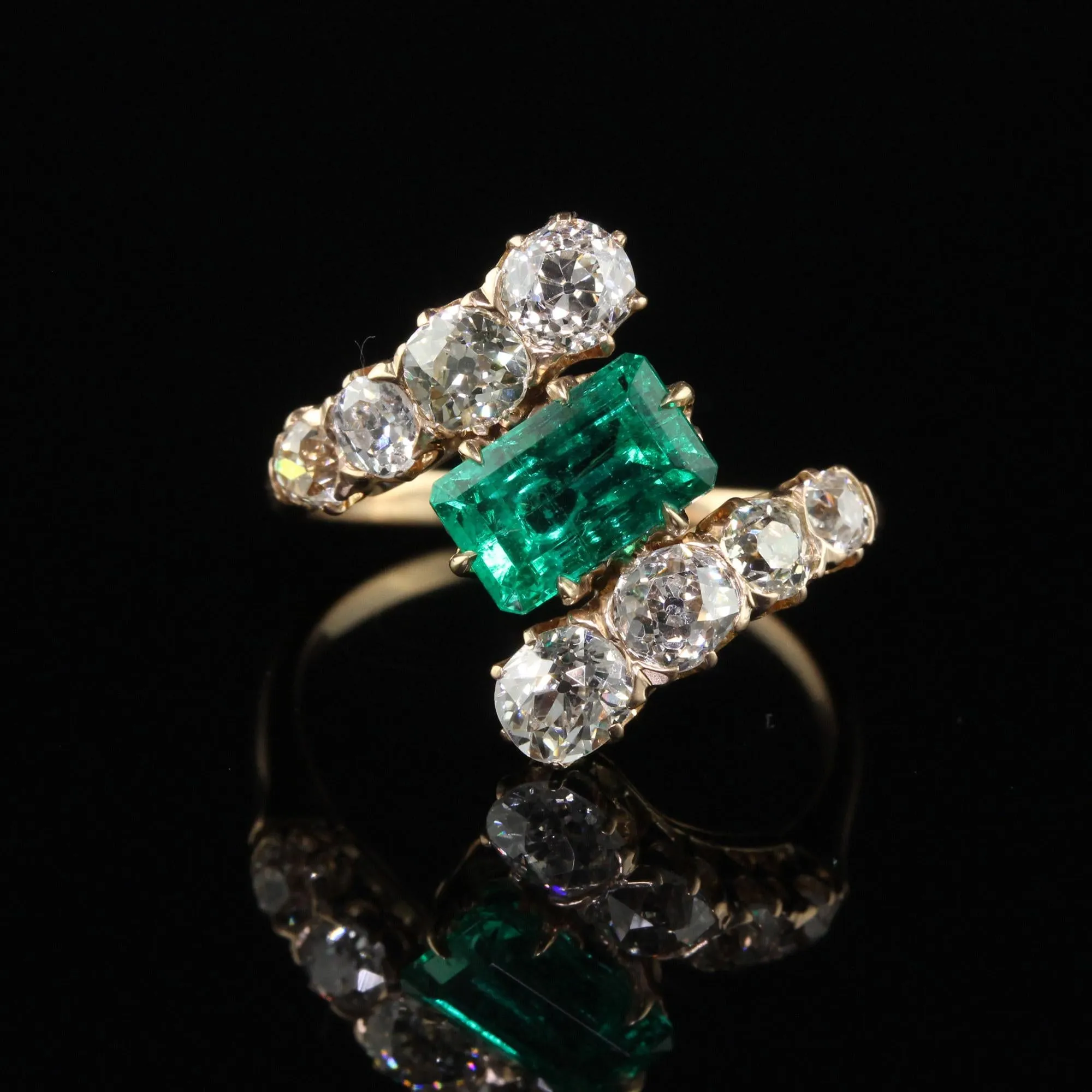 Antique Victorian 18K Rose Gold Old Mine Diamond Emerald Engagement Ring - GIA
