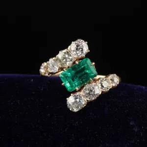 Antique Victorian 18K Rose Gold Old Mine Diamond Emerald Engagement Ring - GIA