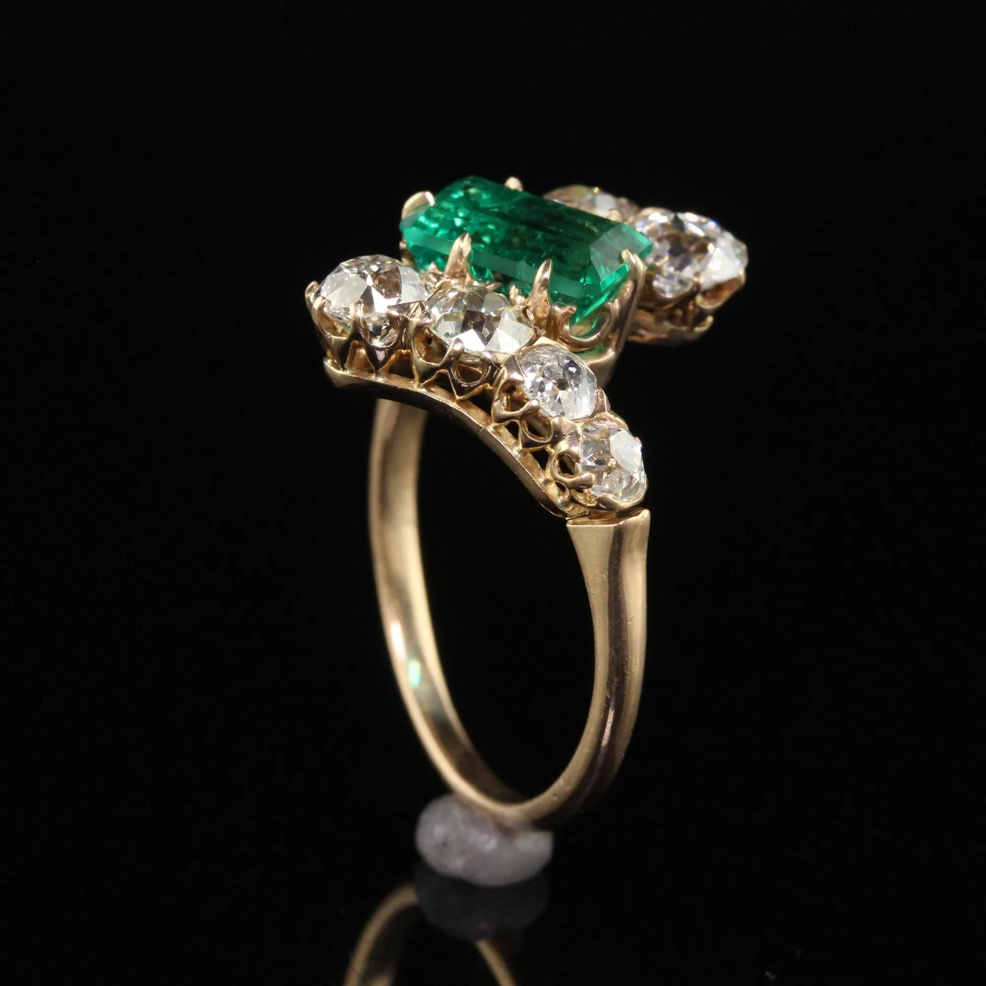 Antique Victorian 18K Rose Gold Old Mine Diamond Emerald Engagement Ring - GIA