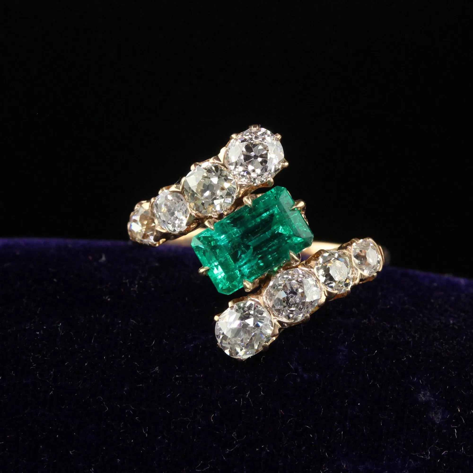 Antique Victorian 18K Rose Gold Old Mine Diamond Emerald Engagement Ring - GIA