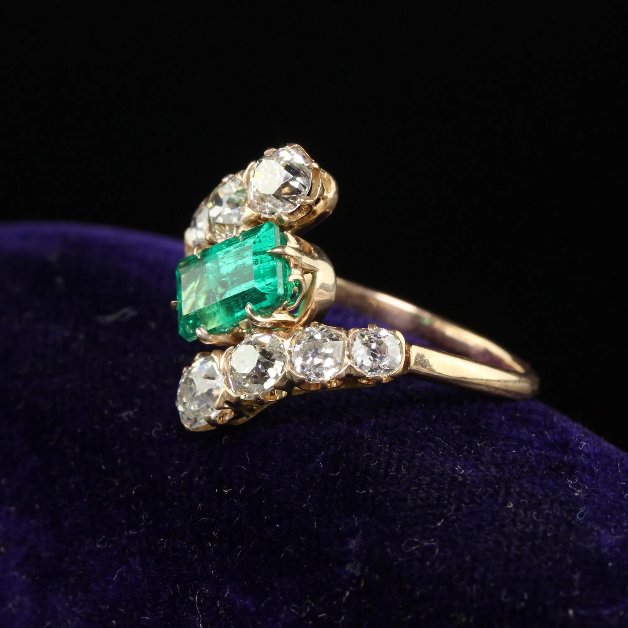 Antique Victorian 18K Rose Gold Old Mine Diamond Emerald Engagement Ring - GIA