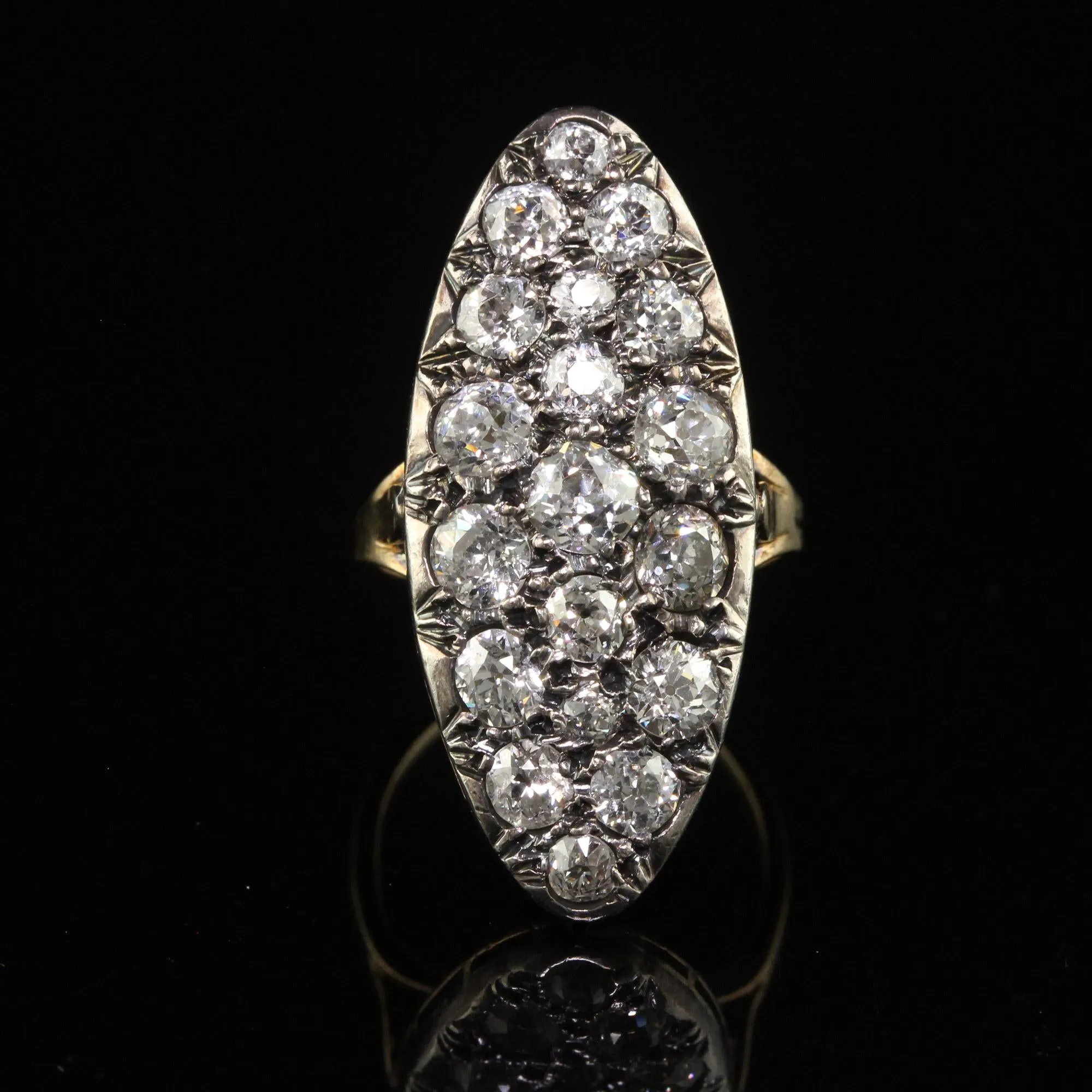 Antique Victorian French 18K Yellow Gold Old Mine Diamond Navette Ring