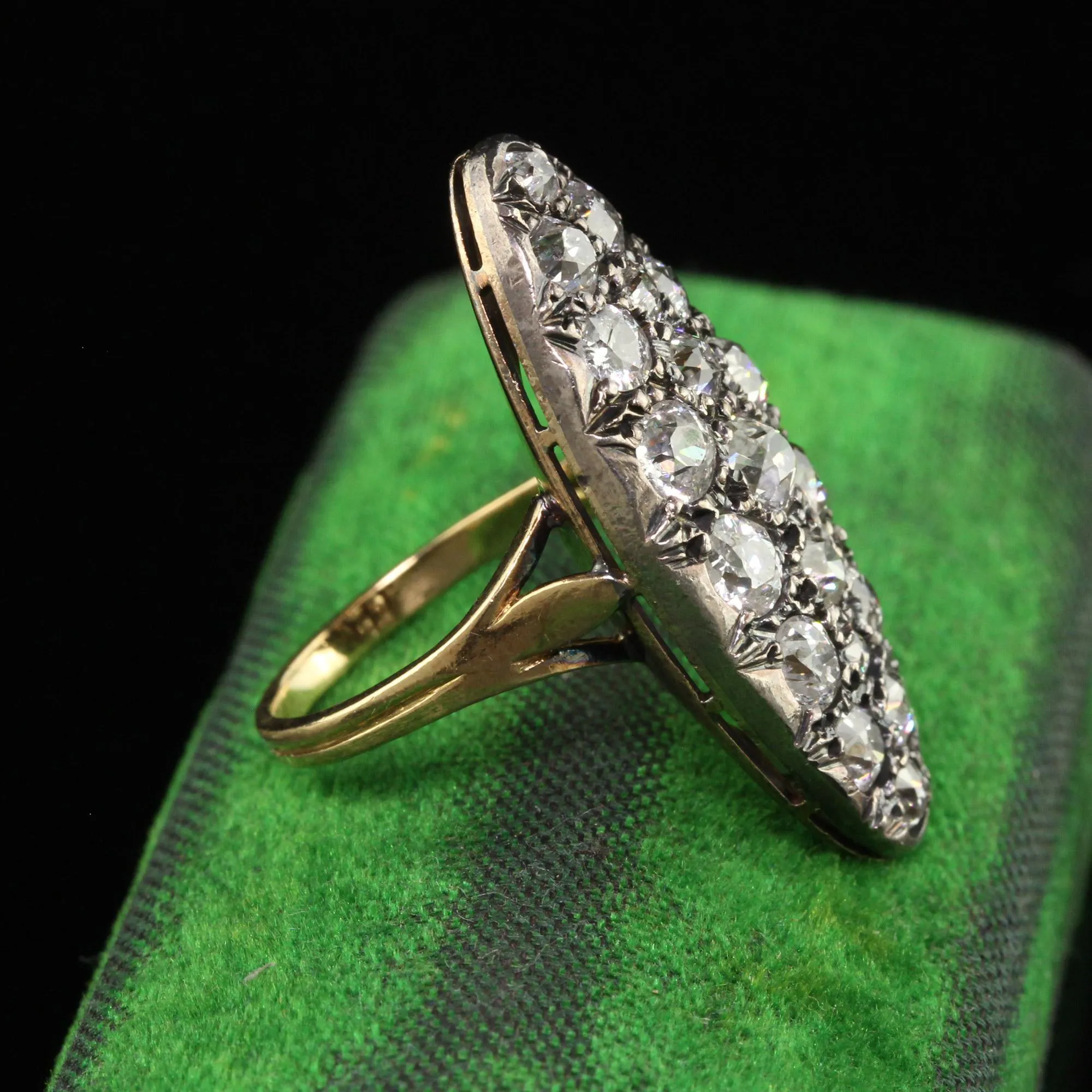 Antique Victorian French 18K Yellow Gold Old Mine Diamond Navette Ring