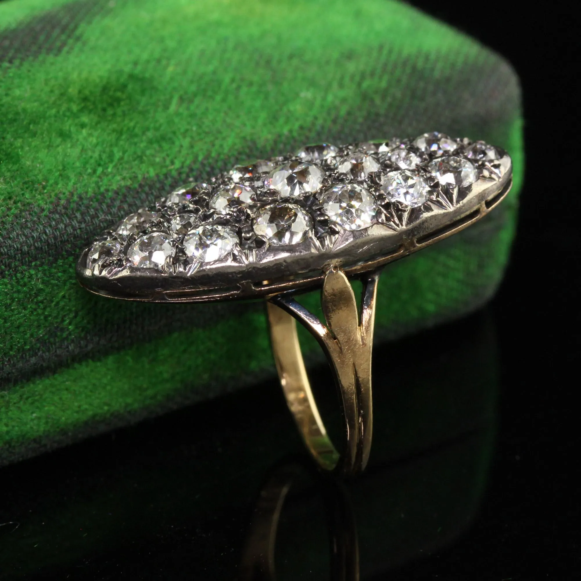 Antique Victorian French 18K Yellow Gold Old Mine Diamond Navette Ring