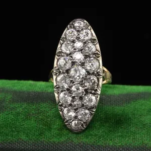 Antique Victorian French 18K Yellow Gold Old Mine Diamond Navette Ring