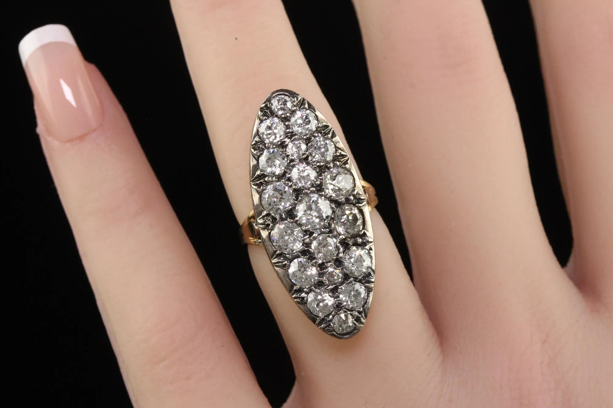 Antique Victorian French 18K Yellow Gold Old Mine Diamond Navette Ring
