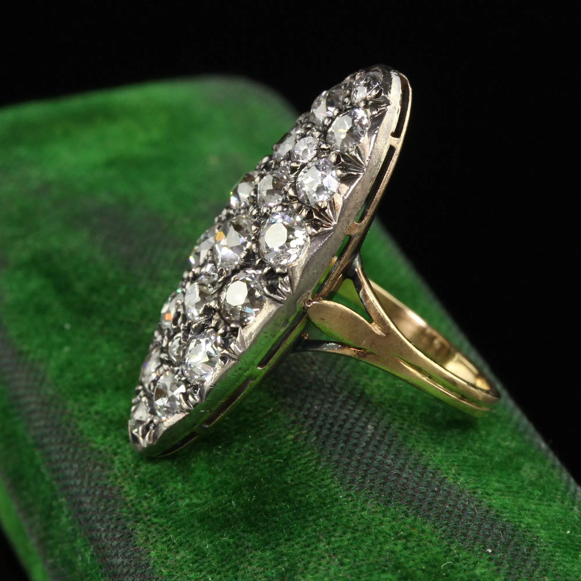 Antique Victorian French 18K Yellow Gold Old Mine Diamond Navette Ring