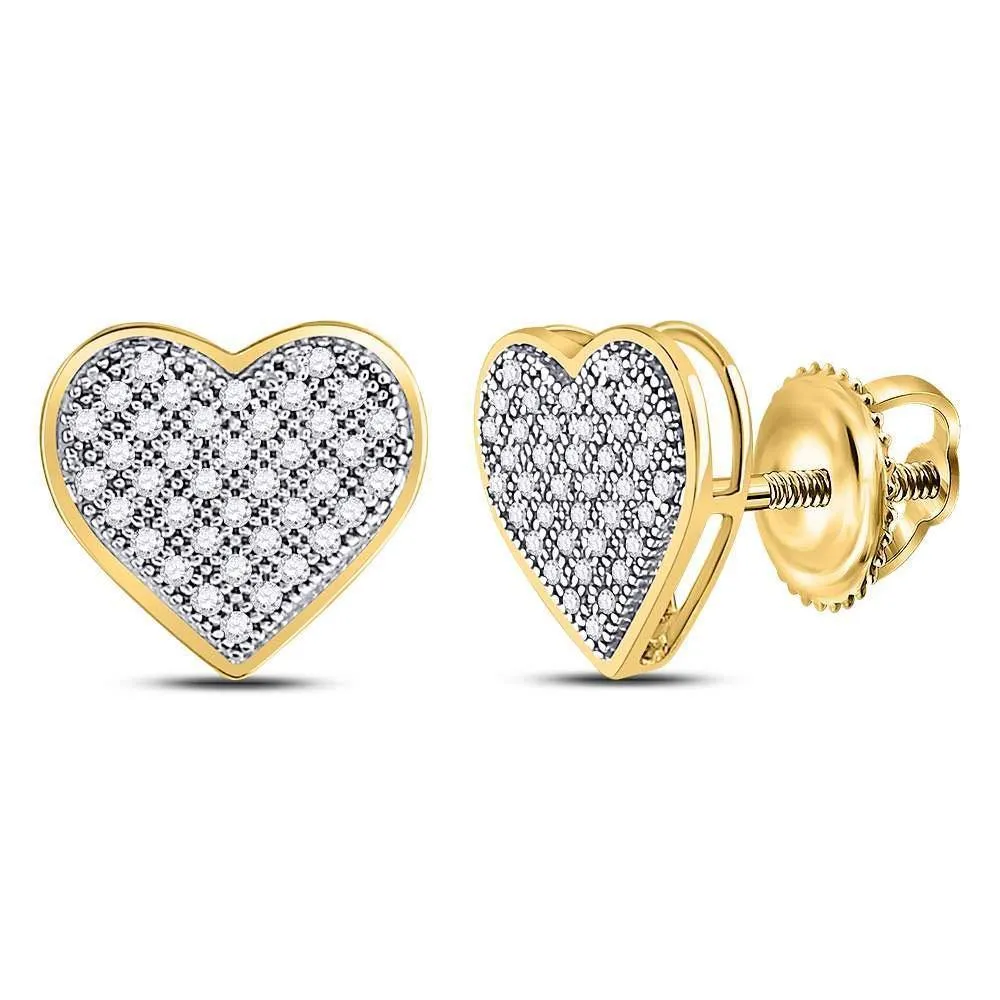 Attractive 10K Yellow Gold Round Diamond Heart Screwback Earrings 1/4 CTTW