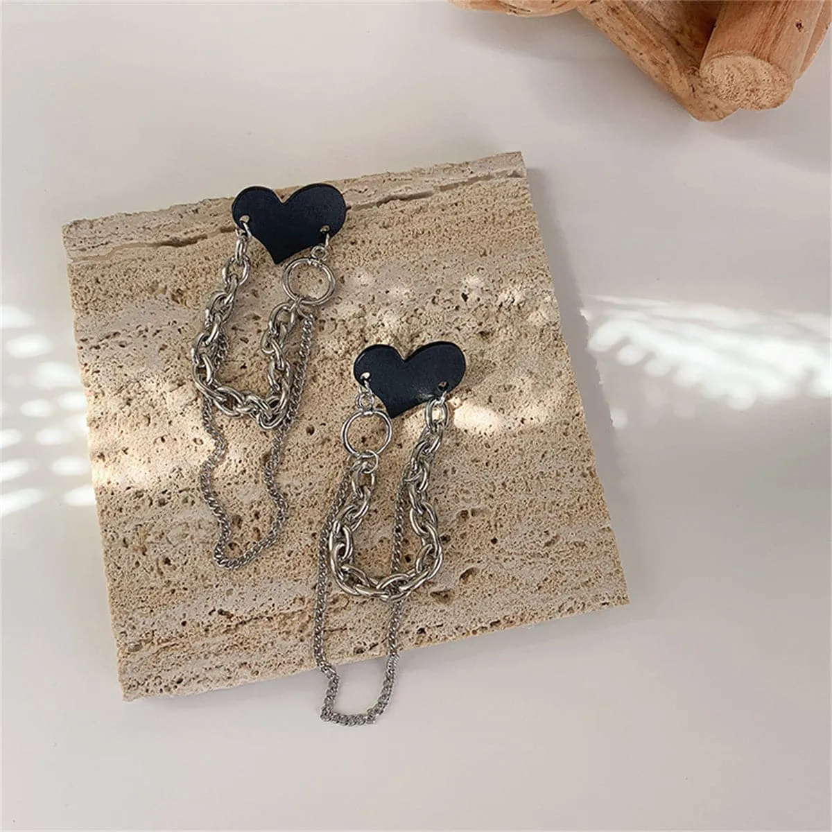 Black Acrylic & Silver-Plated Heart Chain Tassel Drop Earrings