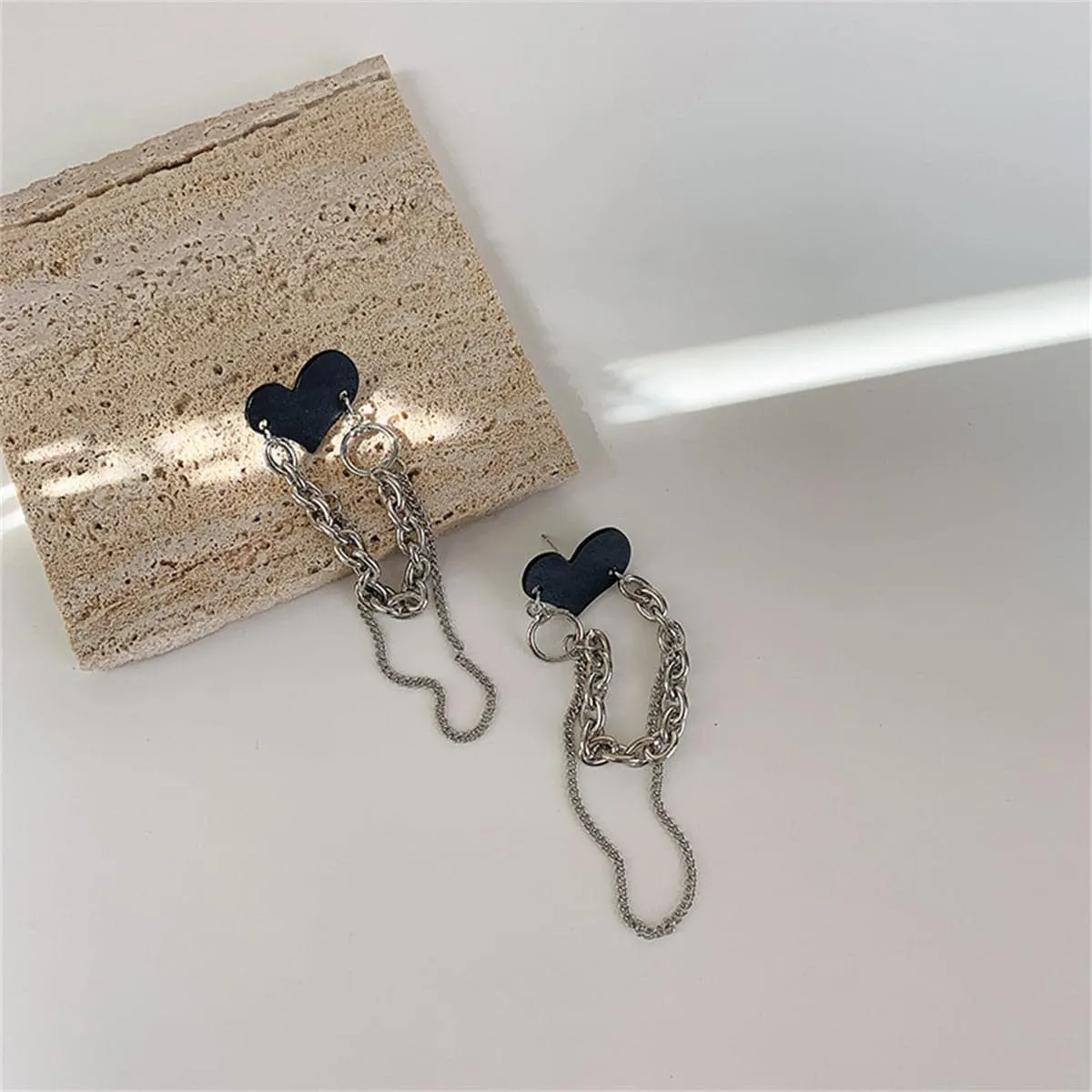 Black Acrylic & Silver-Plated Heart Chain Tassel Drop Earrings
