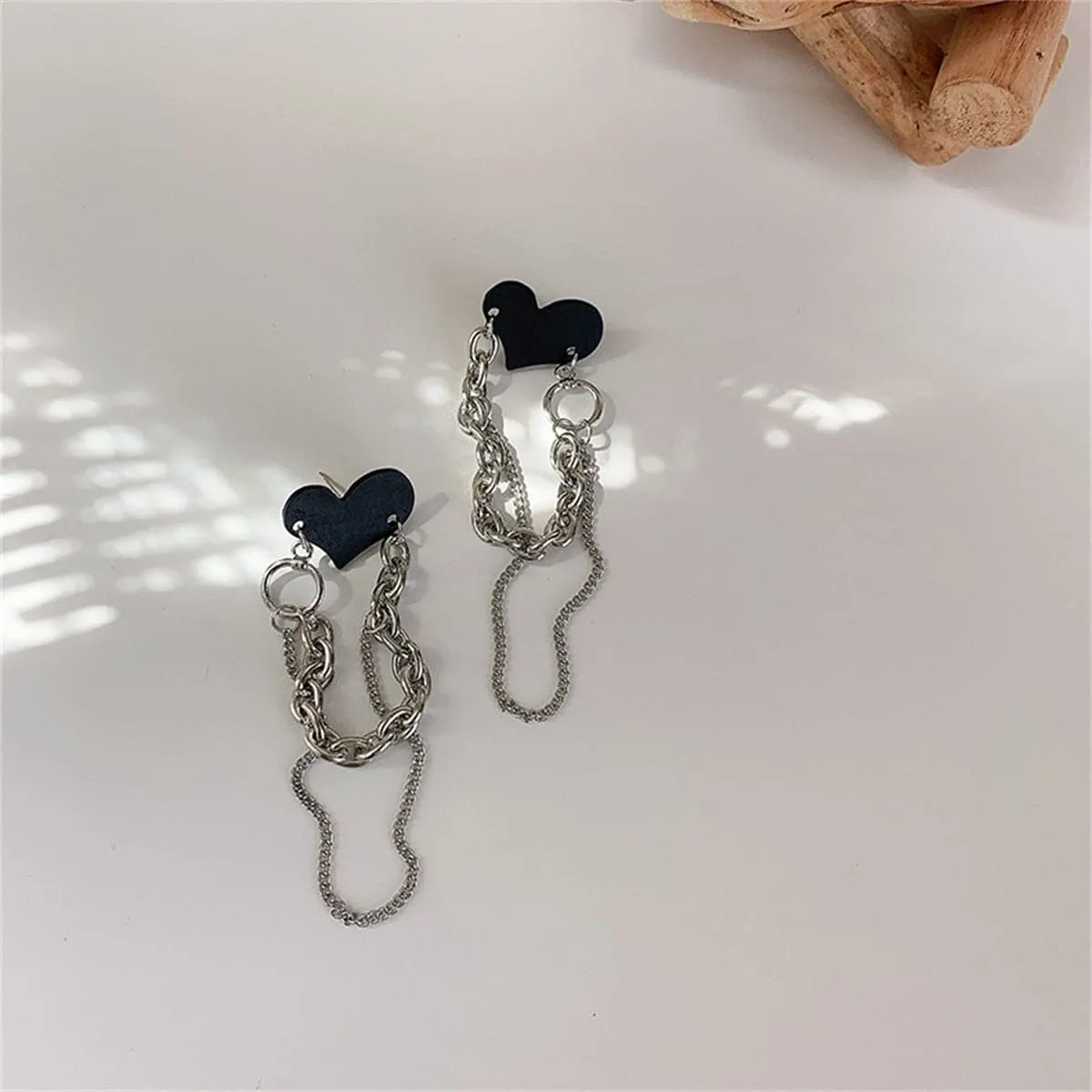 Black Acrylic & Silver-Plated Heart Chain Tassel Drop Earrings
