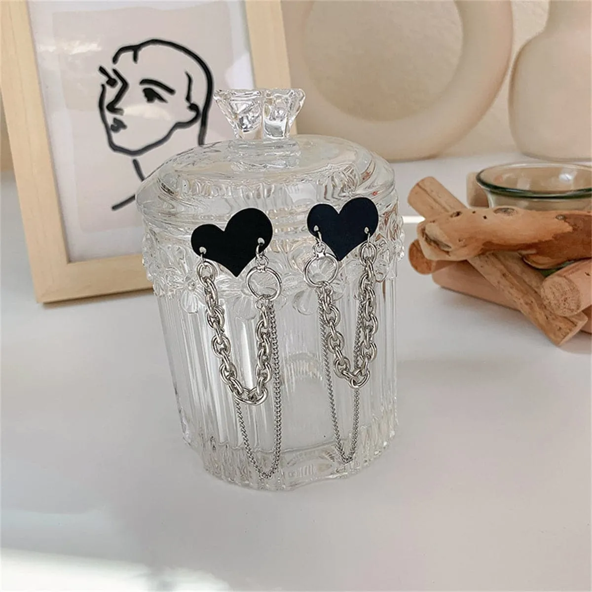 Black Acrylic & Silver-Plated Heart Chain Tassel Drop Earrings