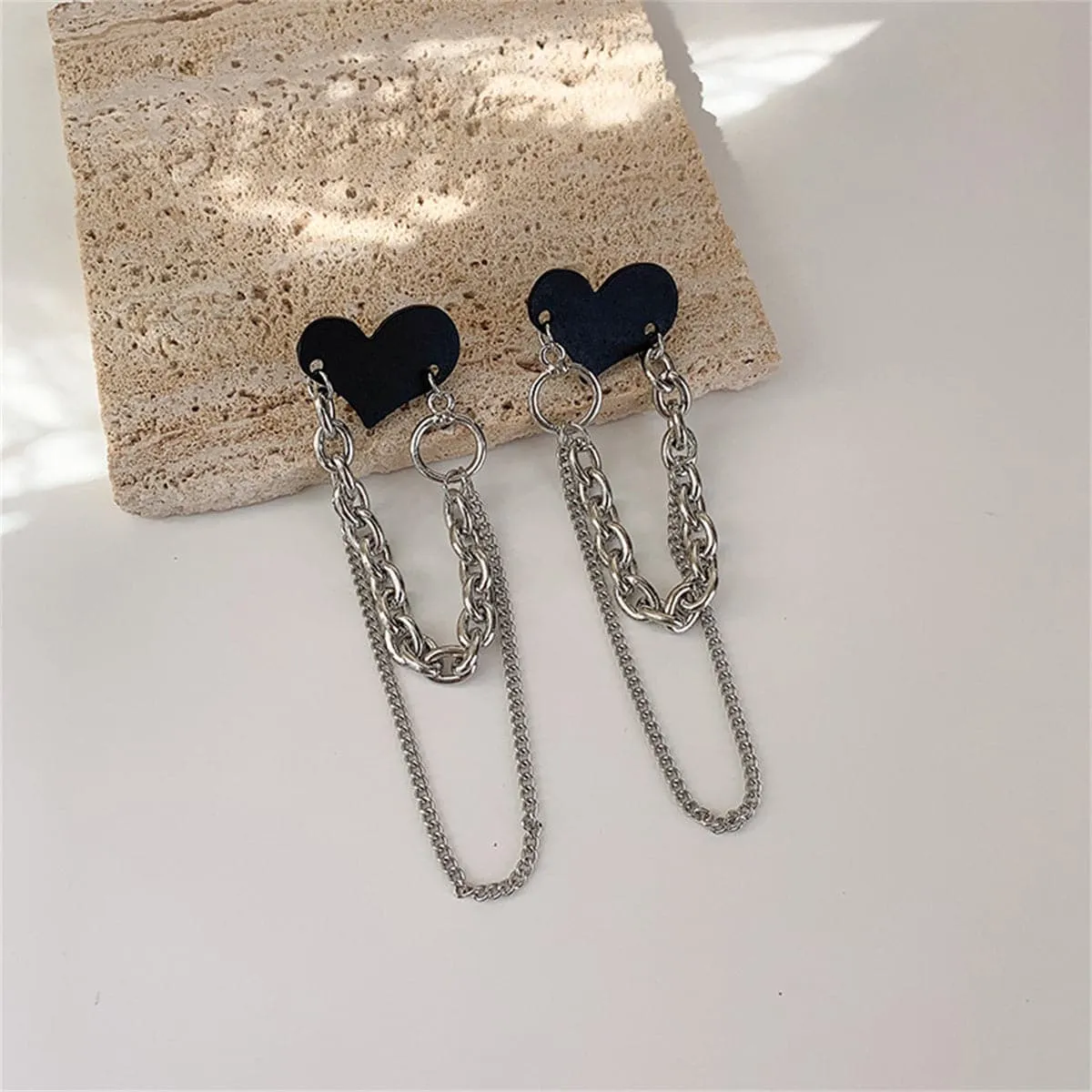 Black Acrylic & Silver-Plated Heart Chain Tassel Drop Earrings