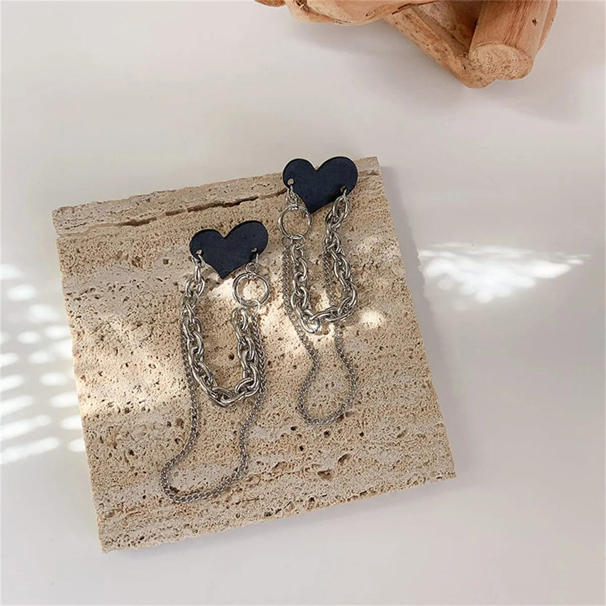 Black Acrylic & Silver-Plated Heart Chain Tassel Drop Earrings