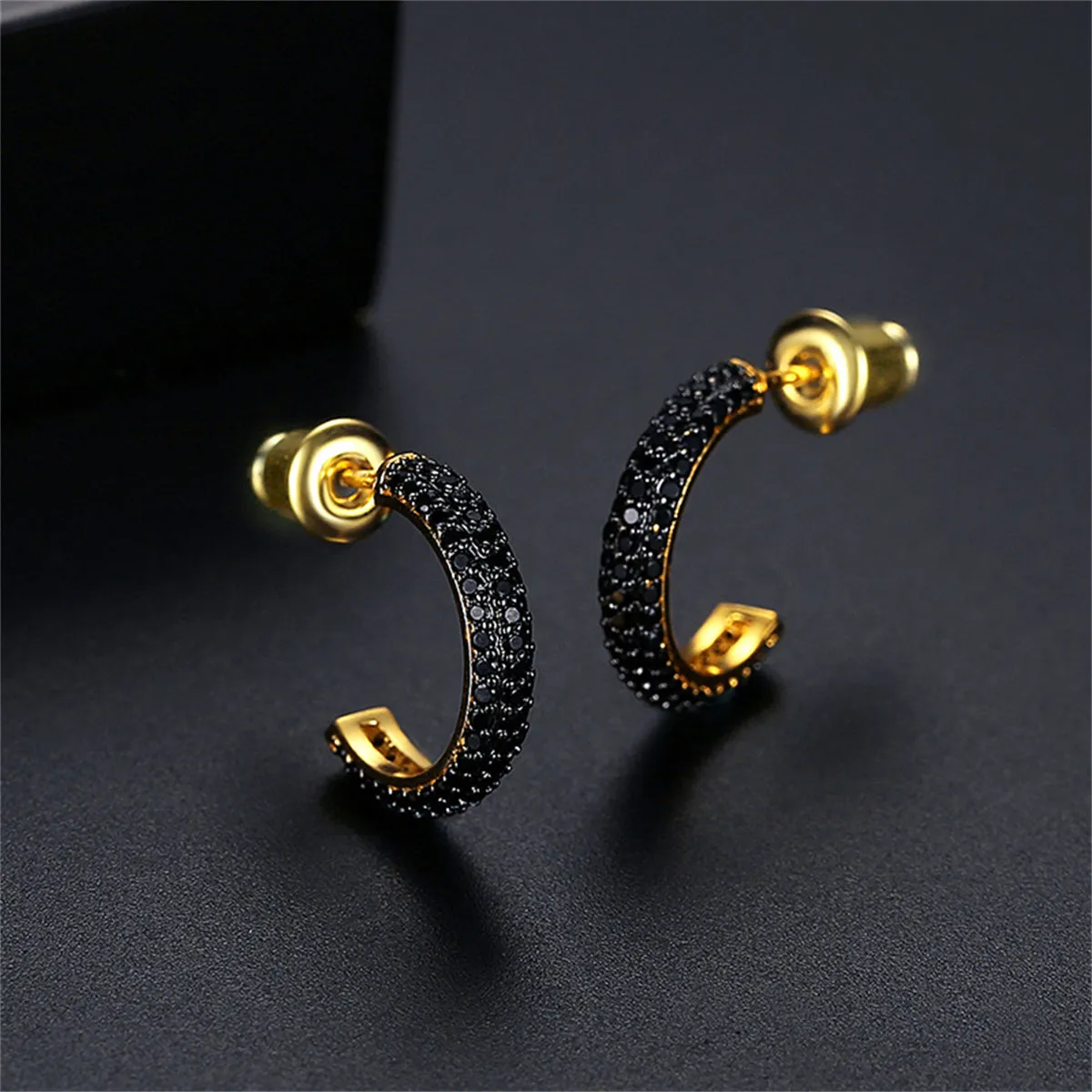 Black Cubic Zirconia & 18K Gold-Plated Huggie Earrings