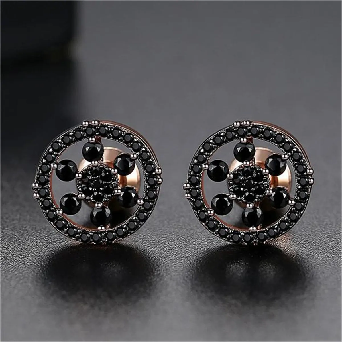 Black Cubic Zirconia & 18K Gold-Plated Snowflake Round Stud Earrings