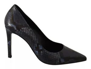 Black Snake Skin Leather Stiletto High Heels Pumps Shoes