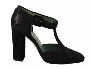 Black Suede Leather Block Heels Sandals Shoes