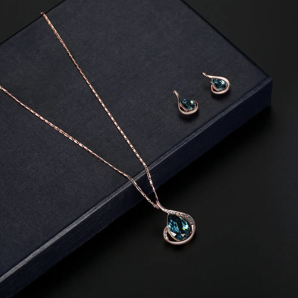 Blue Crystal & Cubic Zirconia 18K Rose Gold-Plated Pear Pendant Necklace & Drop Earrings