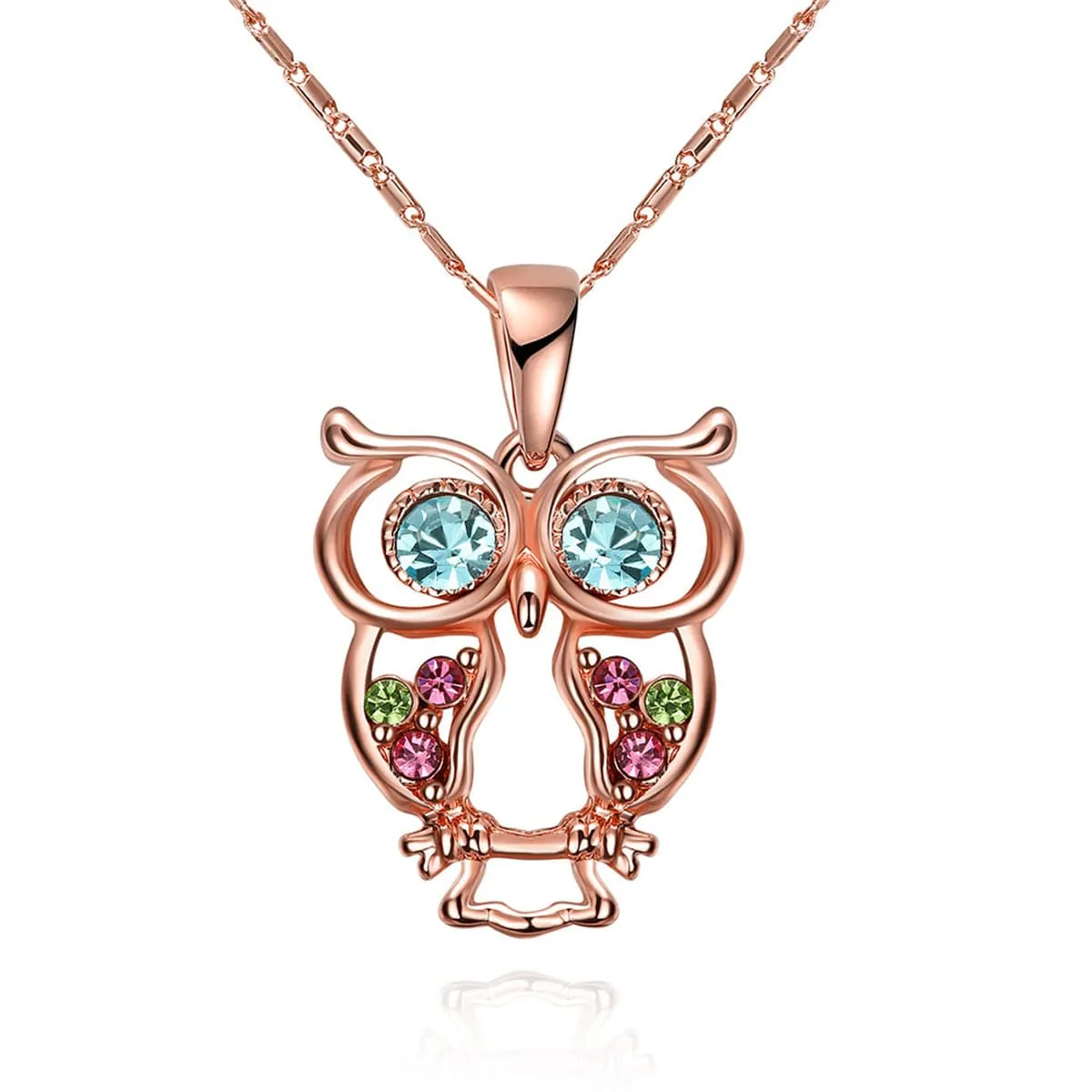 Blue Cubic Zirconia & 18K Rose Gold-Plated Owl Pendant Necklace