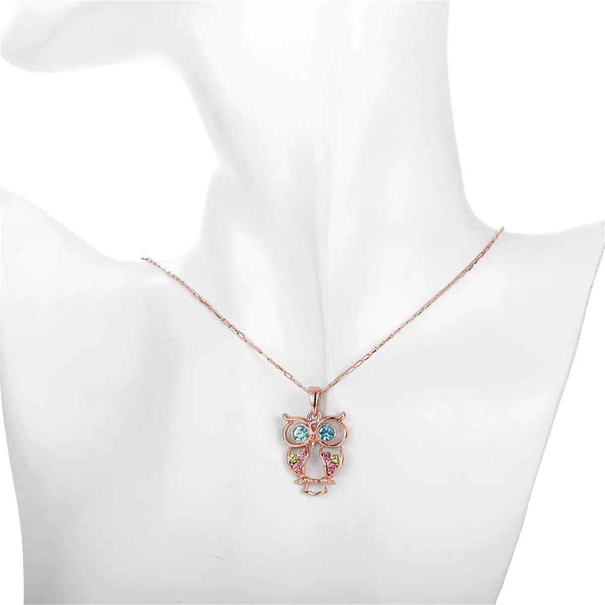 Blue Cubic Zirconia & 18K Rose Gold-Plated Owl Pendant Necklace