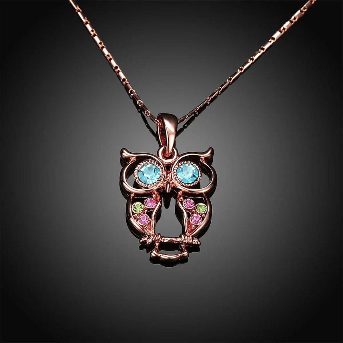 Blue Cubic Zirconia & 18K Rose Gold-Plated Owl Pendant Necklace