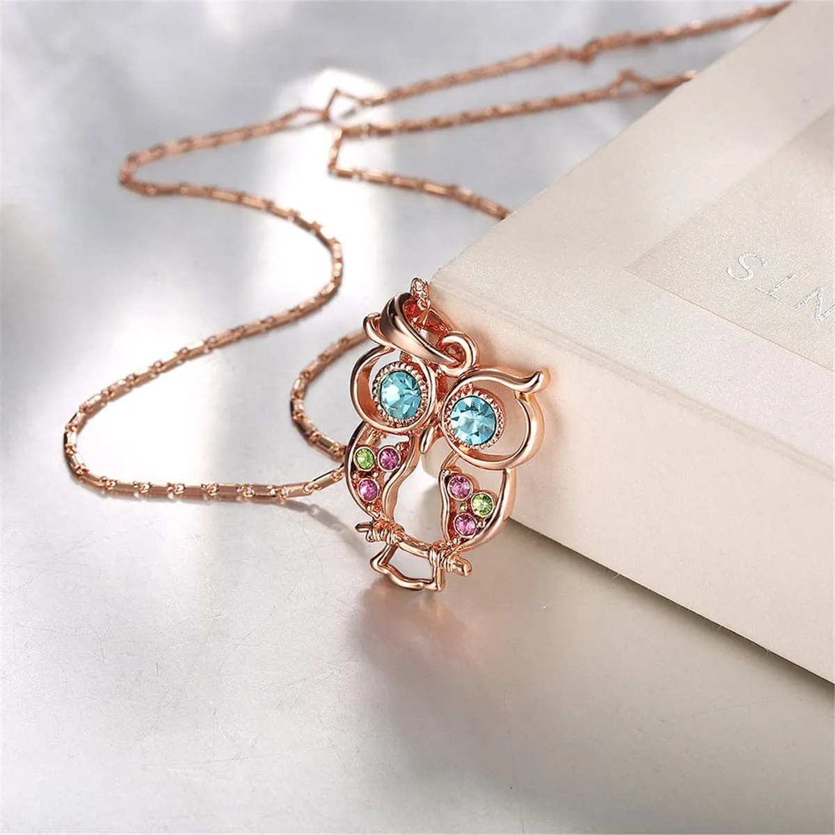 Blue Cubic Zirconia & 18K Rose Gold-Plated Owl Pendant Necklace
