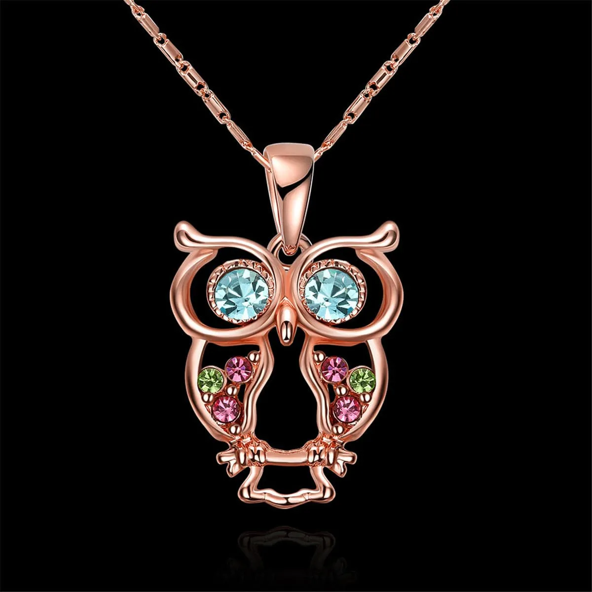 Blue Cubic Zirconia & 18K Rose Gold-Plated Owl Pendant Necklace